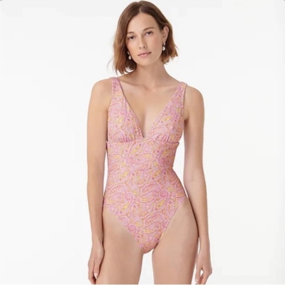 J.Crew Eco Plunge V-Neck One Piece Swimsuit Beach Paisley Size 8
